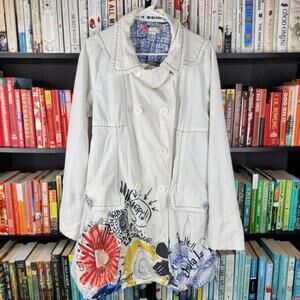 Desigual White Trench Coat with Artistic Multicolor Design